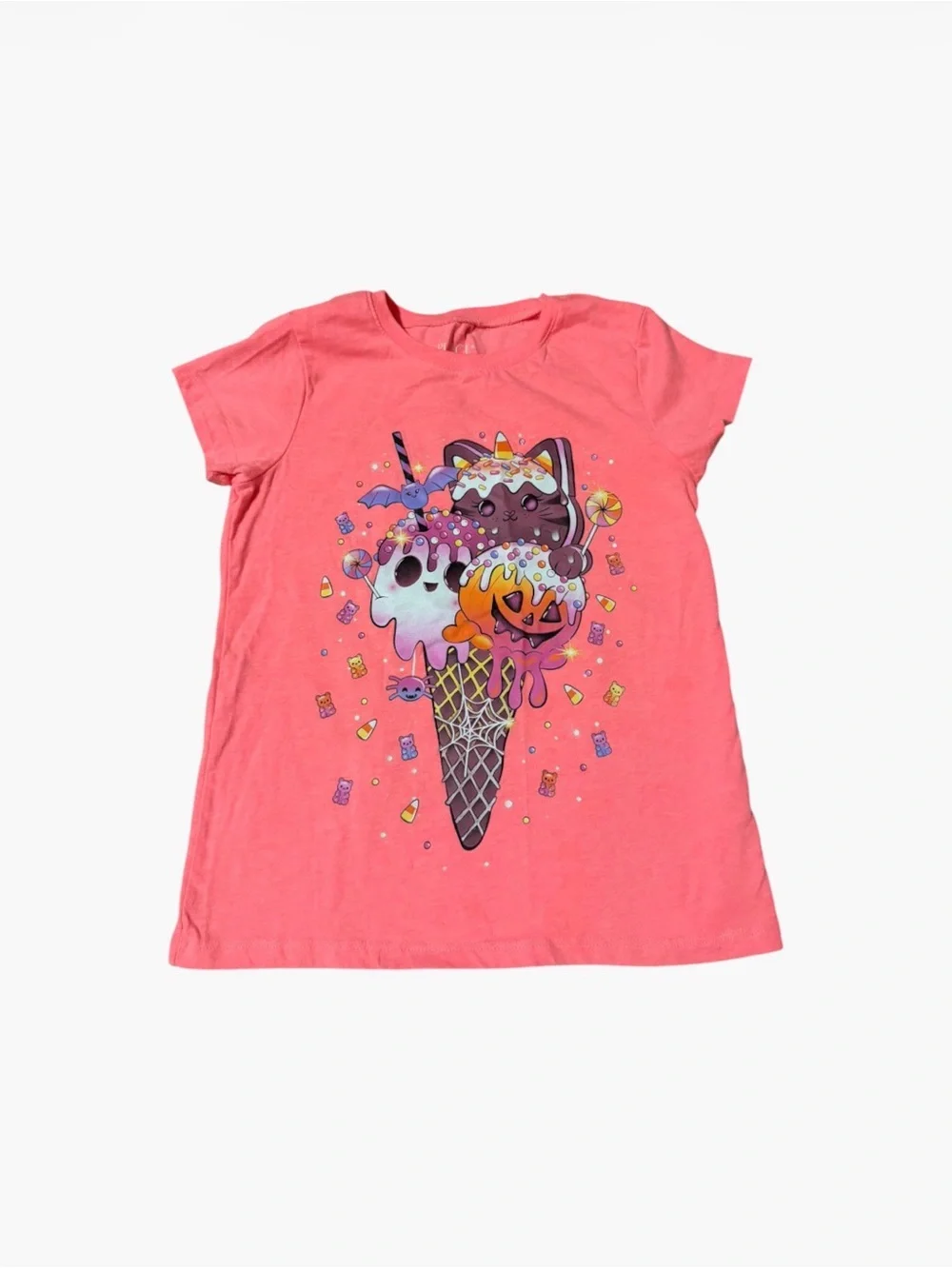 Pink Short Sleeve Tee with Ice Cream Cat Halloween Graphic